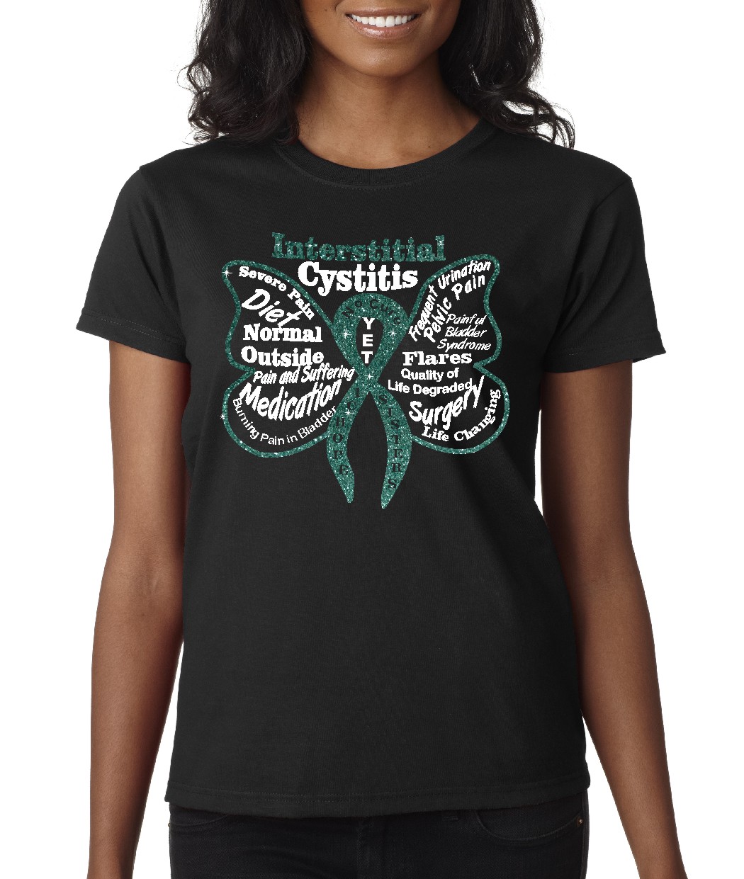 Interstitial Cystitis on black with glitterflake - ladies ss shirt
